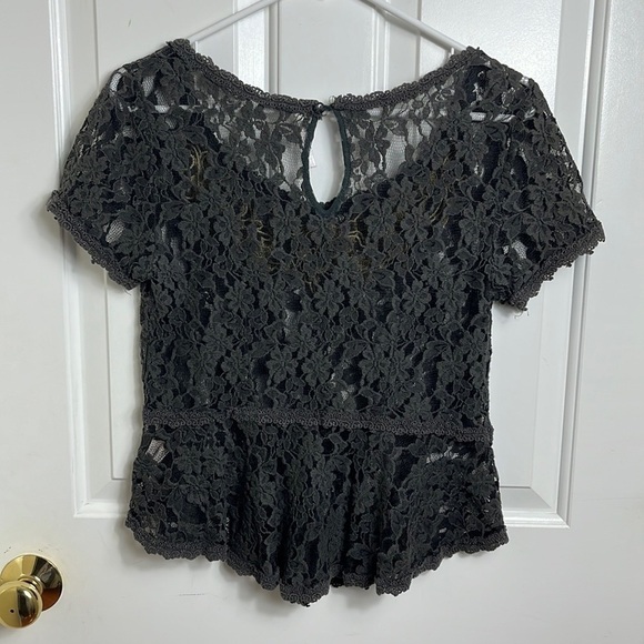 Free People Grey Gold Lace Detail Short Sleeve Grunge Lagenlook Shirt Blouse S - Picture 4 of 7